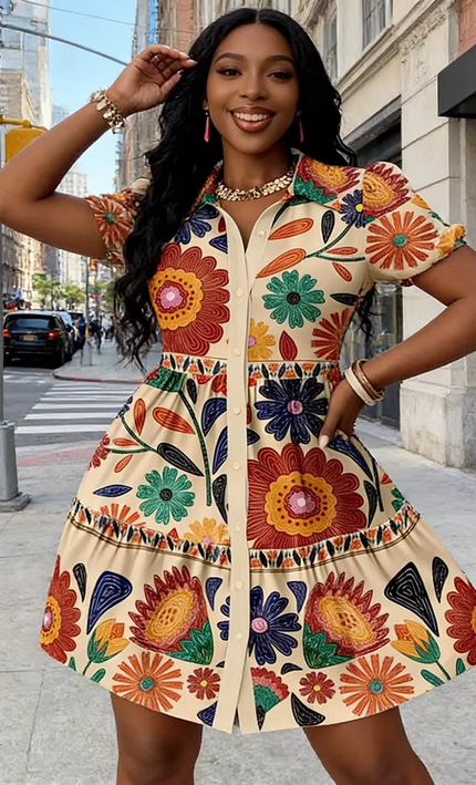 Mini Robe Florale Folk Manches Bouffantes Volants - Multicolore bohème femme été festival soirée KOELEX
 