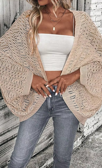 Cardigan Boheme Tricot Crochete Ajoure Manches Chauve-Souris | Style Bohème Femme | KOELEX