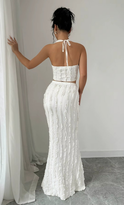 Ensemble 2 Pièces Premium Haut Col V Noué Jupe Longue - Blanc bohème femme été festival KOELEX