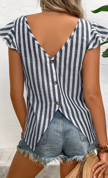 Top Chemise Rayé Manches Volantées Bouton Dos - Marine bohème femme été casual KOELEX