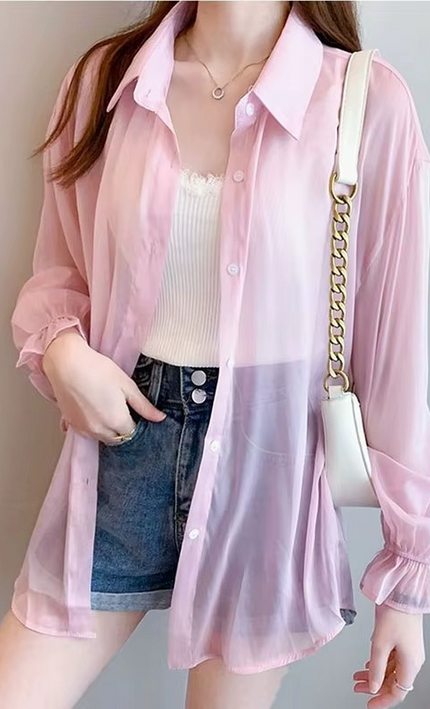 Chemise Mousseline Transparente Boutonnée Manches Volantées - Rose Poudré bohème femme été casual KOELEX