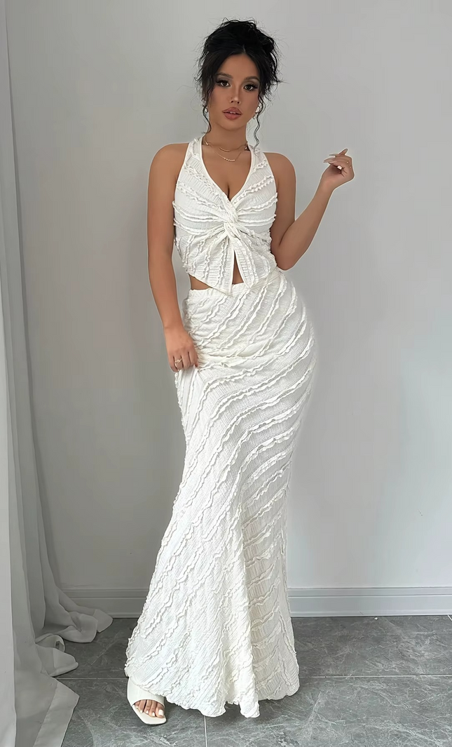 Ensemble 2 Pièces Premium Haut Col V Noué Jupe Longue - Blanc bohème femme été festival KOELEX