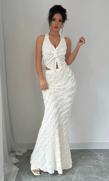 Ensemble 2 Pièces Premium Haut Col V Noué Jupe Longue - Blanc bohème femme été festival KOELEX