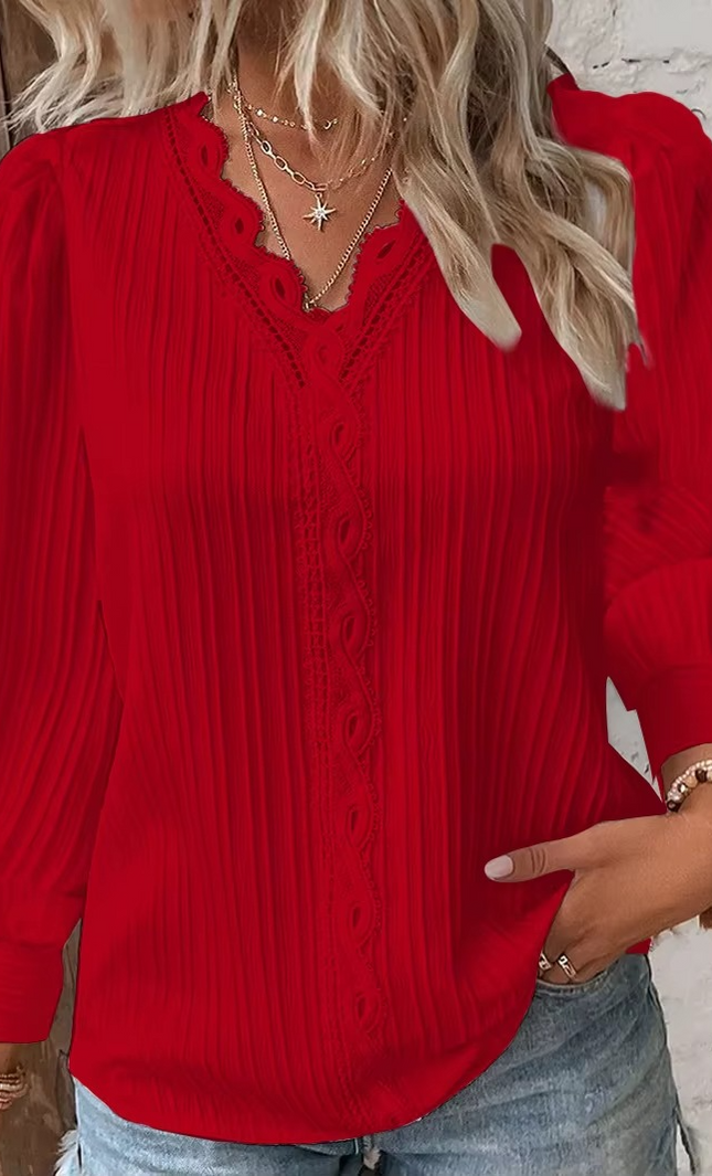 Blouse Bohème Dentelle Col V Manches Longues Patchwork - Rouge bohème femme été casual KOELEX