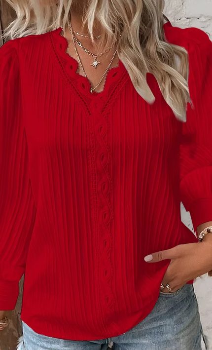 Blouse Bohème Dentelle Col V Manches Longues Patchwork - Rouge bohème femme été casual KOELEX