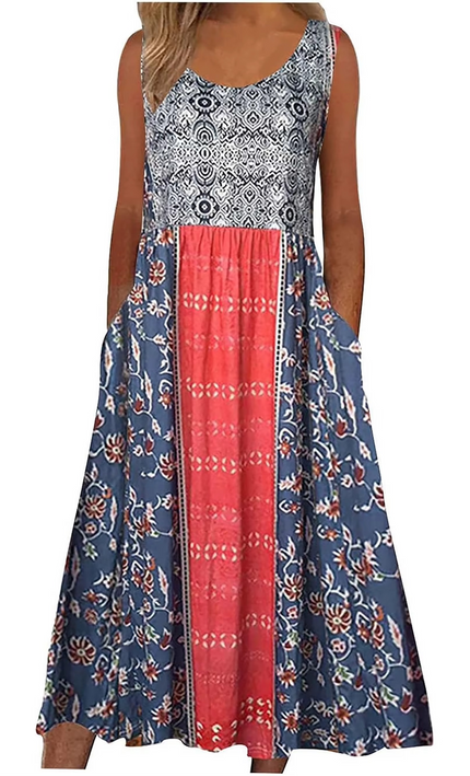 Robe Midi Bohème Fleurie Sans Manches avec Poches