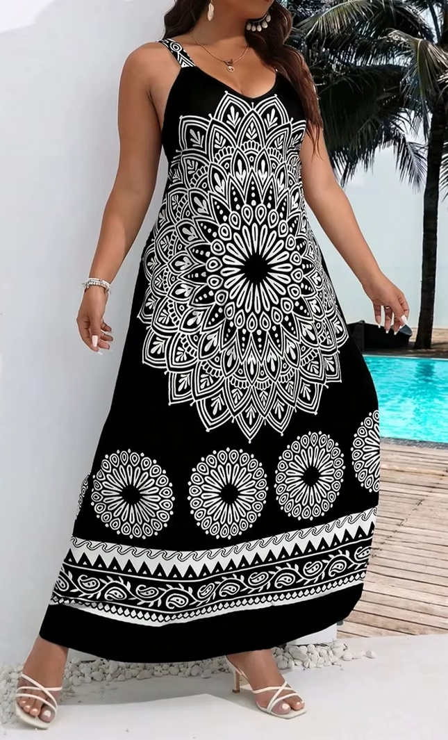 Robe Longue Bohème Mandala Bretelles Dos Nu - Noir bohème femme été plage mariage KOELEX
