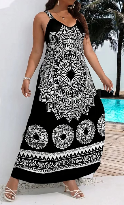 Robe Longue Bohème Mandala Bretelles Dos Nu - Noir bohème femme été plage mariage KOELEX

