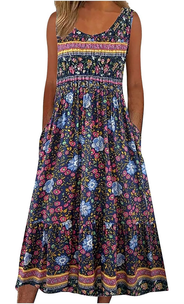Robe Midi Bohème Fleurie Sans Manches avec Poches