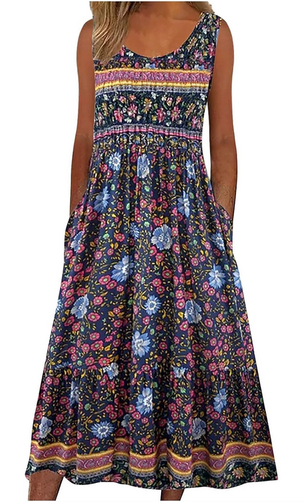 Robe Midi Bohème Fleurie Sans Manches avec Poches