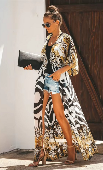 Kimono Long Bohème Imprimé Léopard Zébré Cape Plage - Multicolore bohème femme plage soirée KOELEX
