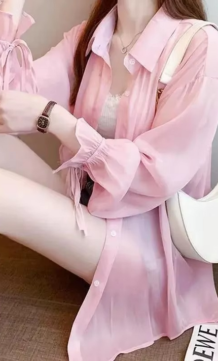 Chemise Mousseline Transparente Boutonnée Manches Volantées - Rose Poudré bohème femme été casual KOELEX