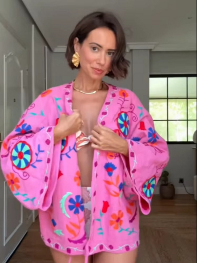 Kimono Cardigan Bohème Floral Folk Cordon Taille - Rose bohème femme plage soirée KOELEX