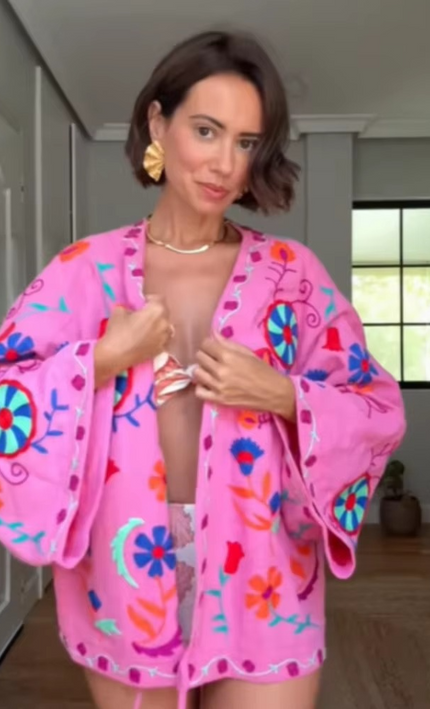 Kimono Cardigan Bohème Floral Folk Cordon Taille - Rose bohème femme plage soirée KOELEX