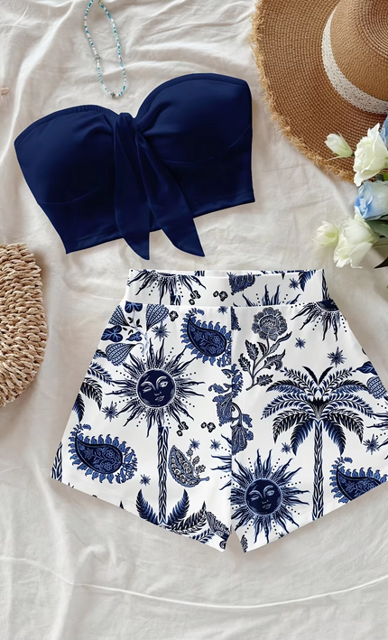 Ensemble 2 Pièces Top Bandeau Short Imprimé Cocotier - Bleu Marine bohème femme été festival KOELEX