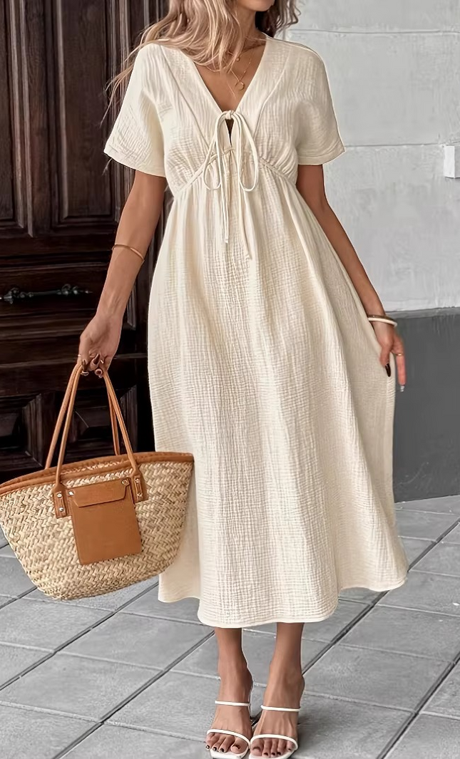 Robe midi col V lacets gaufrée crème bohème femme été casual KOELEX