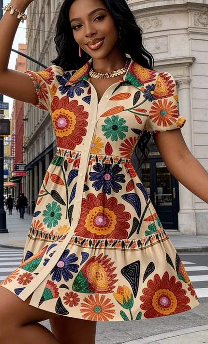 Mini Robe Florale Folk Manches Bouffantes Volants - Multicolore bohème femme été festival soirée KOELEX
 