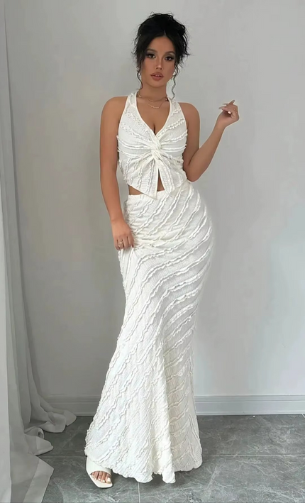 Ensemble 2 Pièces Premium Haut Col V Noué Jupe Longue - Blanc bohème femme été festival KOELEX