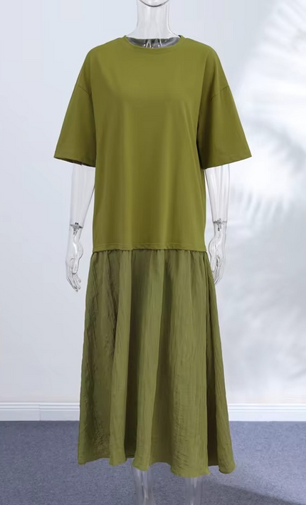 Ensemble 2 Pièces Jupe Plissée Patchwork Top Col Rond - Kaki bohème femme été festival KOELEX