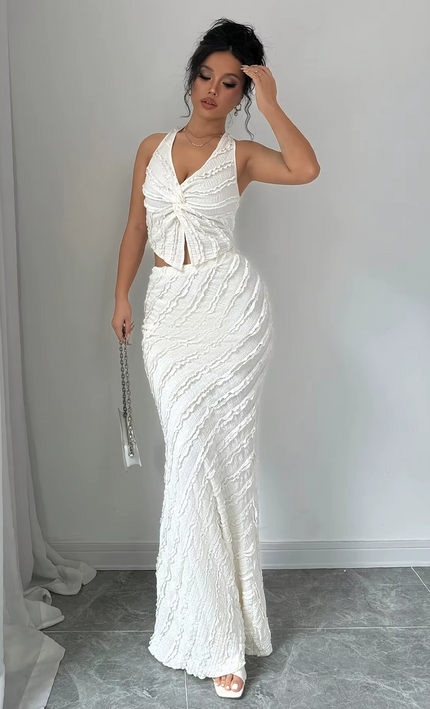 Ensemble 2 Pièces Premium Haut Col V Noué Jupe Longue - Blanc bohème femme été festival KOELEX