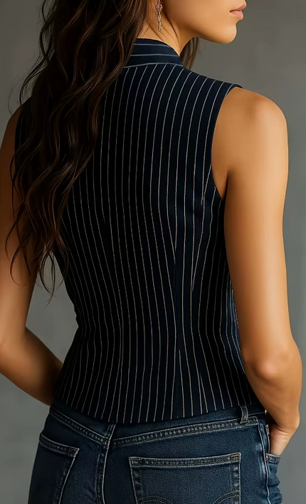 Gilet Tailleur Rayures Verticales Boutons Dorés - Marine bohème femme été 2026 KOELEX