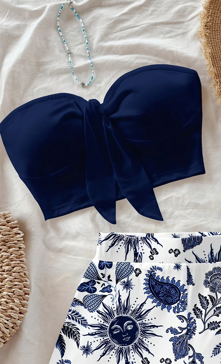 Ensemble 2 Pièces Top Bandeau Short Imprimé Cocotier - Bleu Marine bohème femme été festival KOELEX