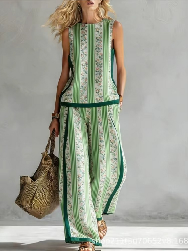 Ensemble 2 Pièces Bohème Ethnique Top Sans Manches Pantalon - Vert bohème femme été festival KOELEX