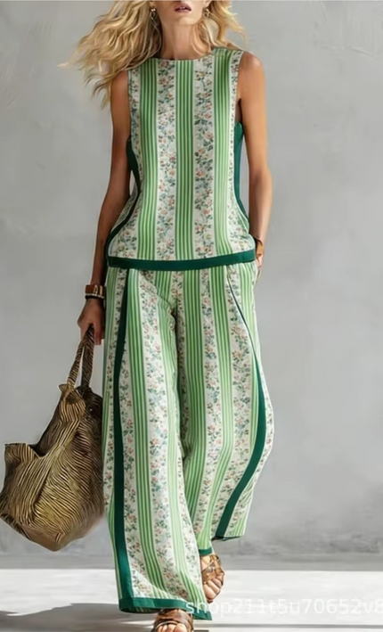 Ensemble 2 Pièces Bohème Ethnique Top Sans Manches Pantalon - Vert bohème femme été festival KOELEX