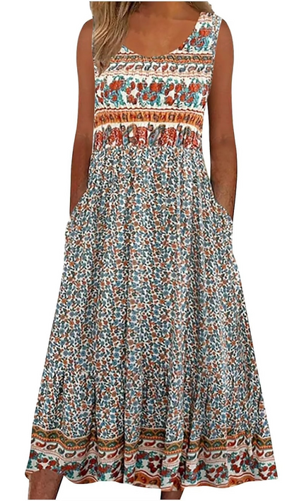 Robe Midi Bohème Fleurie Sans Manches avec Poches