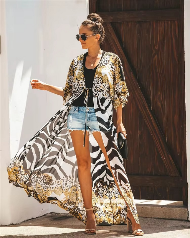 Kimono Long Bohème Imprimé Léopard Zébré Cape Plage - Multicolore bohème femme plage soirée KOELEX