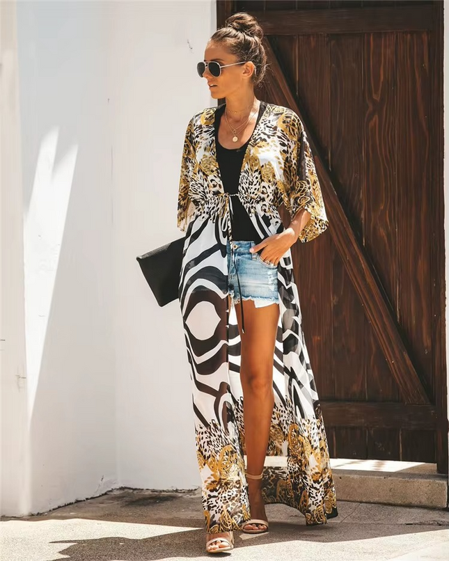 Kimono Long Bohème Imprimé Léopard Zébré Cape Plage - Multicolore bohème femme plage soirée KOELEX