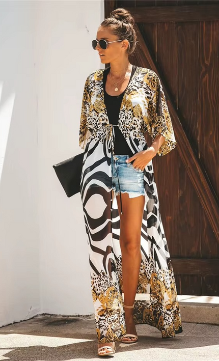 Kimono Long Bohème Imprimé Léopard Zébré Cape Plage - Multicolore bohème femme plage soirée KOELEX
