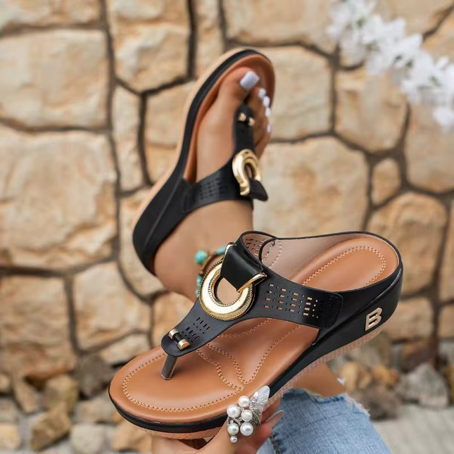 Sandales Compensees Femme Tong Anneau Dore Bout Ouvert | Style Bohème Femme | KOELEX