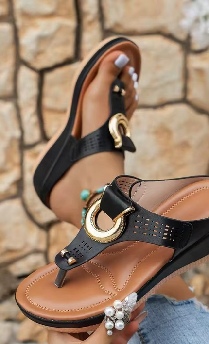Sandales Compensees Femme Tong Anneau Dore Bout Ouvert | Style Bohème Femme | KOELEX