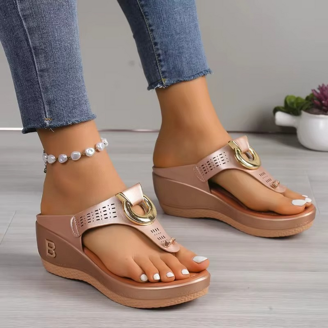 Sandales Compensees Femme Tong Anneau Dore Bout Ouvert | Style Bohème Femme | KOELEX
