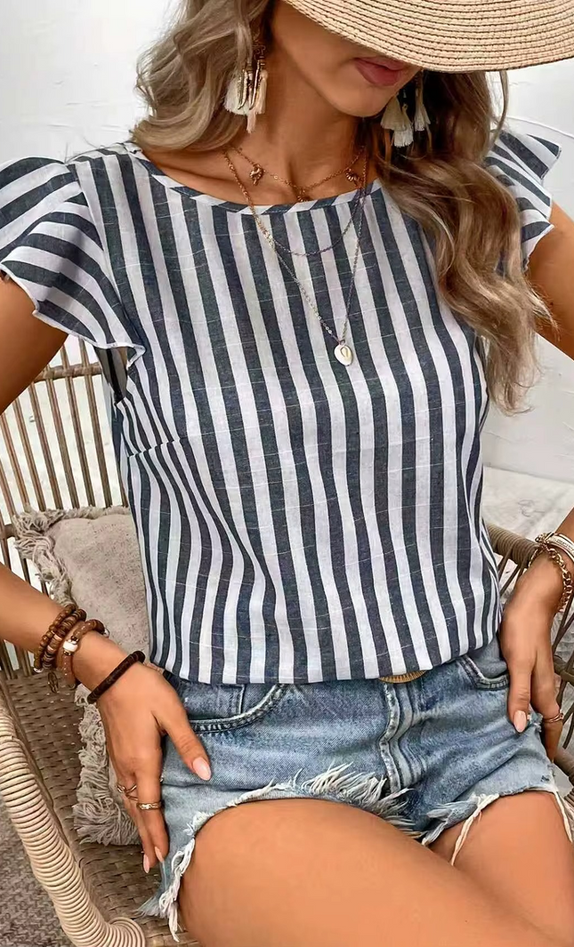 Top Chemise Rayé Manches Volantées Bouton Dos - Marine bohème femme été casual KOELEX