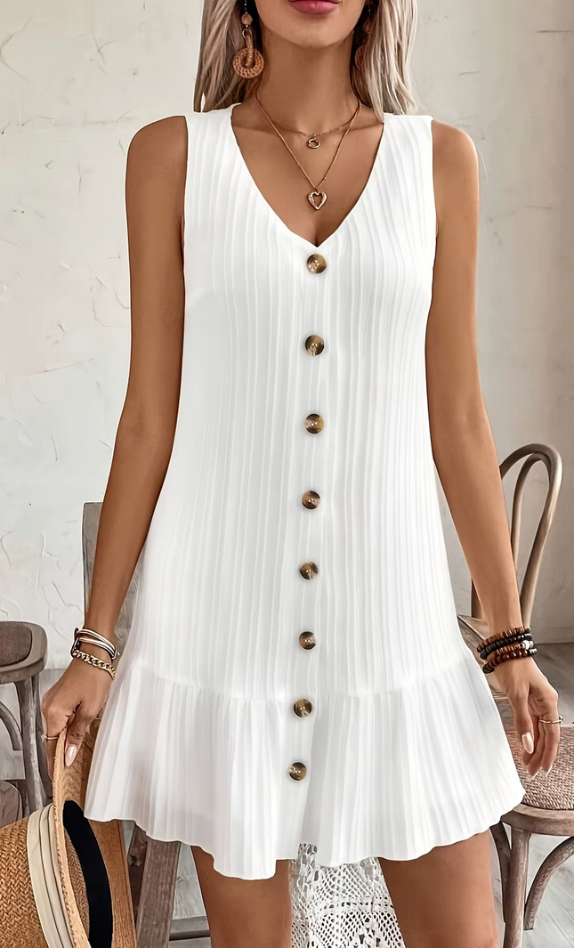 Robe Blanche Boutonnée Volants Sans Manches Col V - Blanc bohème femme été 2026 KOELEX