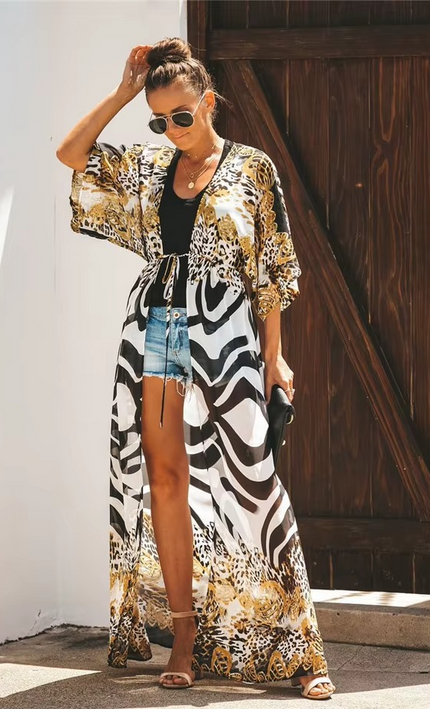 Kimono Long Bohème Imprimé Léopard Zébré Cape Plage - Multicolore bohème femme plage soirée KOELEX