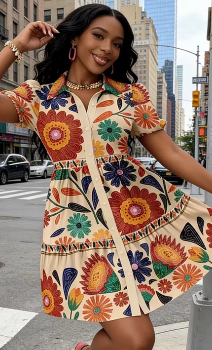 Mini Robe Florale Folk Manches Bouffantes Volants - Multicolore bohème femme été festival soirée KOELEX
 