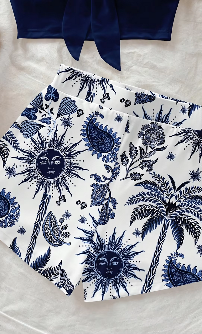 Ensemble 2 Pièces Top Bandeau Short Imprimé Cocotier - Bleu Marine bohème femme été festival KOELEX