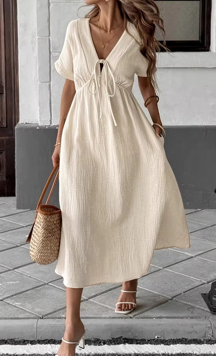 Robe midi col V lacets gaufrée crème bohème femme été casual KOELEX