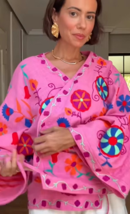 Kimono Cardigan Bohème Floral Folk Cordon Taille - Rose bohème femme plage soirée KOELEX
