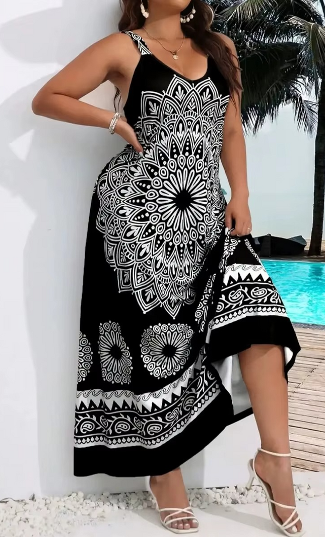 Robe Longue Bohème Mandala Bretelles Dos Nu - Noir bohème femme été plage mariage KOELEX