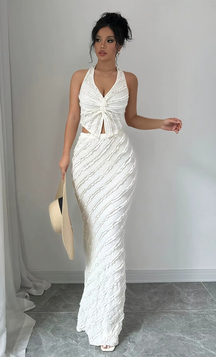 Ensemble 2 Pièces Premium Haut Col V Noué Jupe Longue - Blanc bohème femme été festival KOELEX