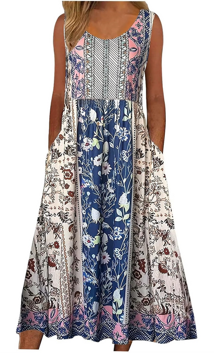 Robe Midi Bohème Fleurie Sans Manches avec Poches