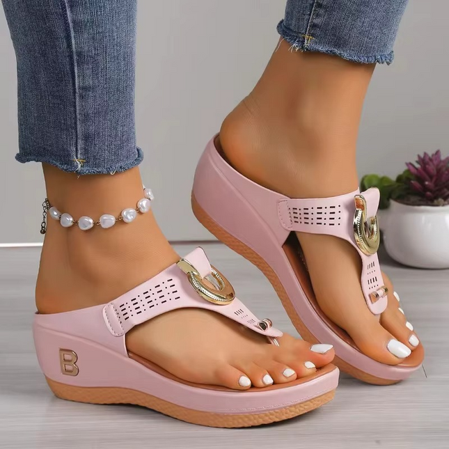 Sandales Compensees Femme Tong Anneau Dore Bout Ouvert | Style Bohème Femme | KOELEX