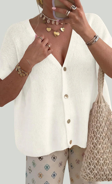 Cardigan oversize col V boutons manches courtes beige bohème femme casual chic Lumière Bohème