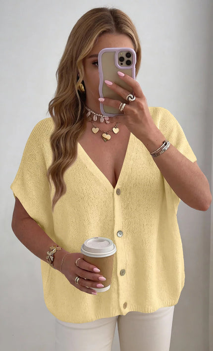 Cardigan oversize col V boutons manches courtes beige bohème femme casual chic Lumière Bohème