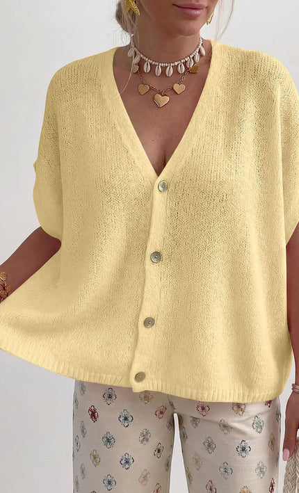 Cardigan oversize col V boutons manches courtes beige bohème femme casual chic Lumière Bohème