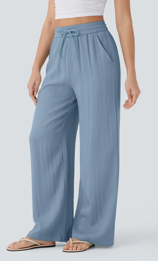 Pantalon Large Lin Coton Taille Elastique Poches - Gris Clair